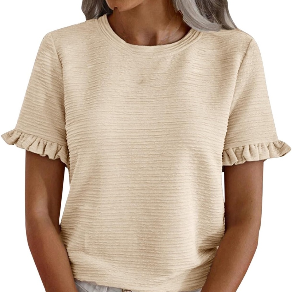 SHEIN Ruffled Short Sleeve Textured Tee Shirt Beige